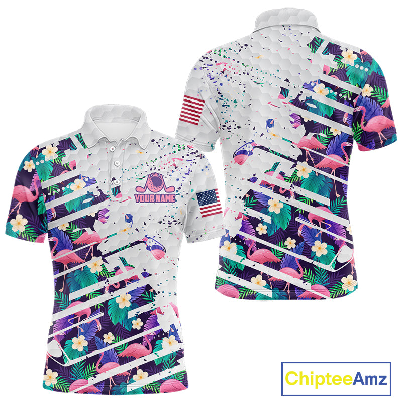 Flamingo Golf Polo Shirts For Men, Colorful Tropical Flamingo Pattern, Tropical Golf Shirt NBT477