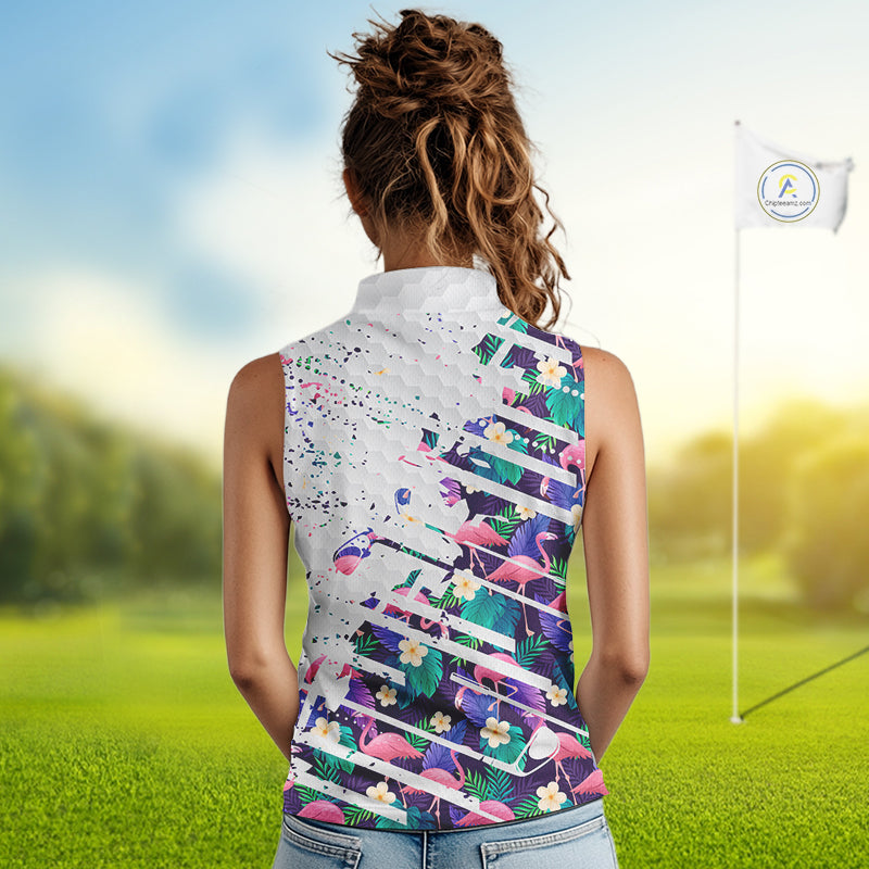 Women Sleeveless Flamingo Golf Polo Shirt, Colorful Tropical Flamingo Pattern, Tropical Golf Shirt NBT477
