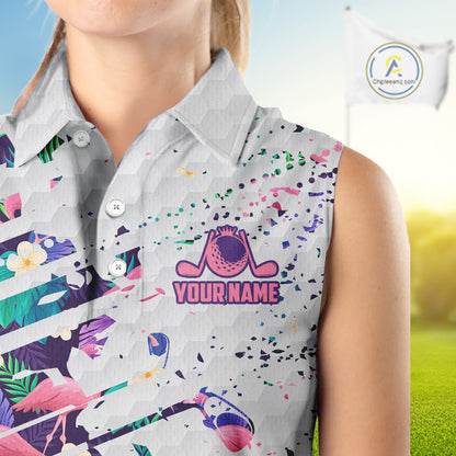 Women Sleeveless Flamingo Golf Polo Shirt, Colorful Tropical Flamingo Pattern, Tropical Golf Shirt NBT477