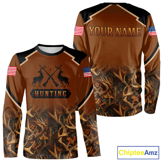 Brown Camo Deer Hunting American Flag 3D All Over Printed Shirt for Men NBT223