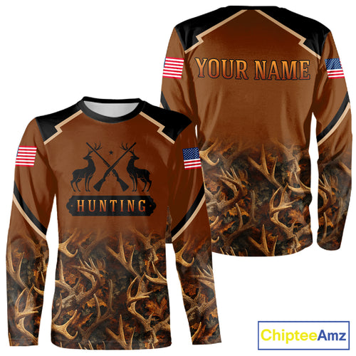 Brown Camo Deer Hunting Shirts with American Flag for Men, Hunting Gift Ideas for Hunters NBT223