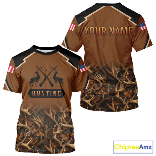 Brown Camo Deer Hunting Shirts with American Flag for Men, Hunting Gift Ideas for Hunters NBT223