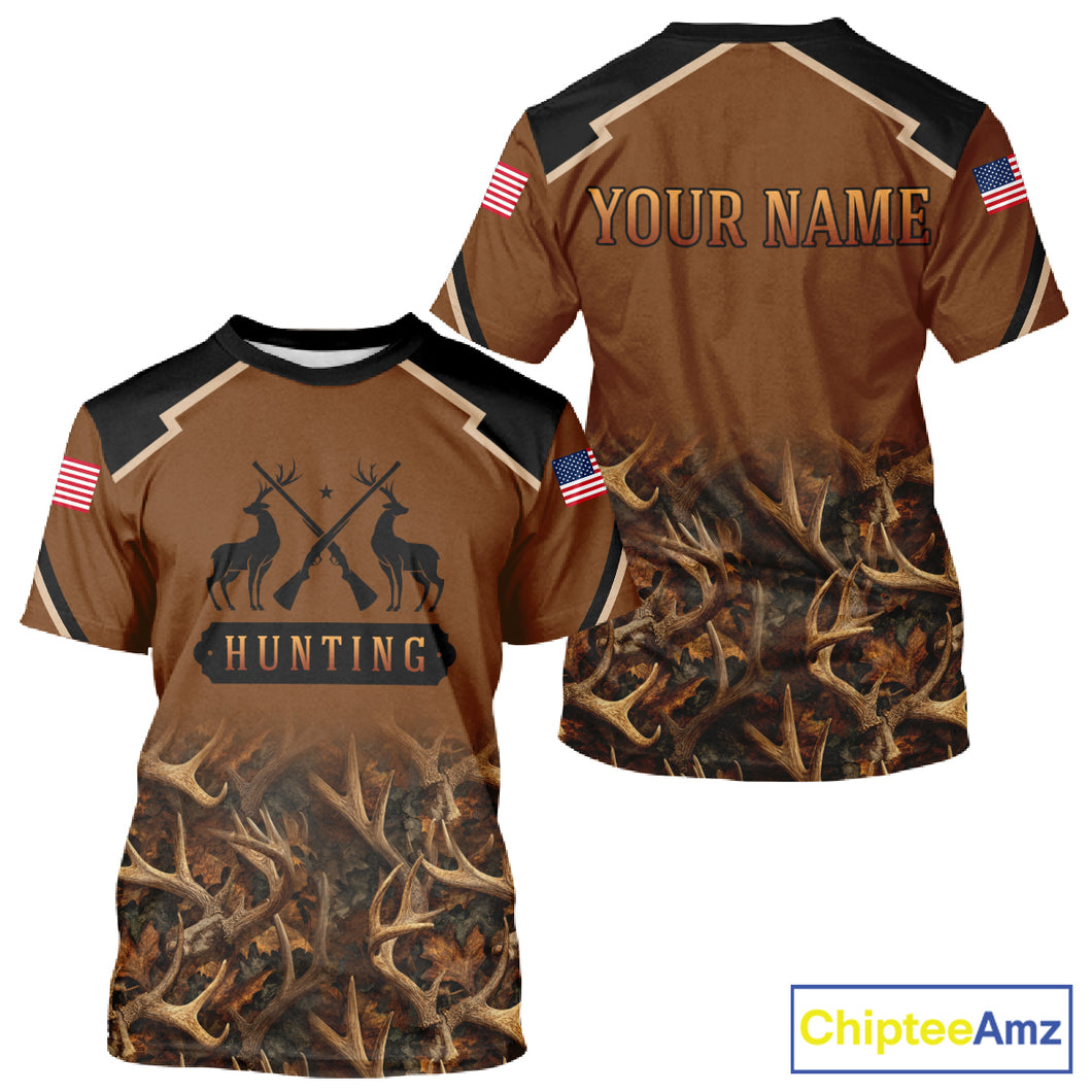 Brown Camo Deer Hunting Shirts with American Flag for Men, Hunting Gift Ideas for Hunters NBT223