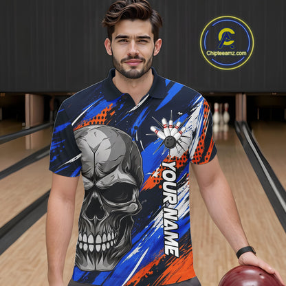 Blue And Orange Bowling Shirt Custom Skull Bowling Jersey Men Bowling Polo Quarter-Zip Shirt For Team NBT1173