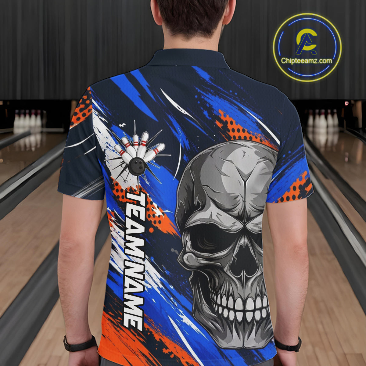 Blue And Orange Bowling Shirt Custom Skull Bowling Jersey Men Bowling Polo Quarter-Zip Shirt For Team NBT1173