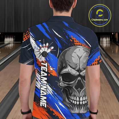Blue And Orange Bowling Shirt Custom Skull Bowling Jersey Men Bowling Polo Quarter-Zip Shirt For Team NBT1173