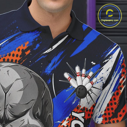 Blue And Orange Bowling Shirt Custom Skull Bowling Jersey Men Bowling Polo Quarter-Zip Shirt For Team NBT1173