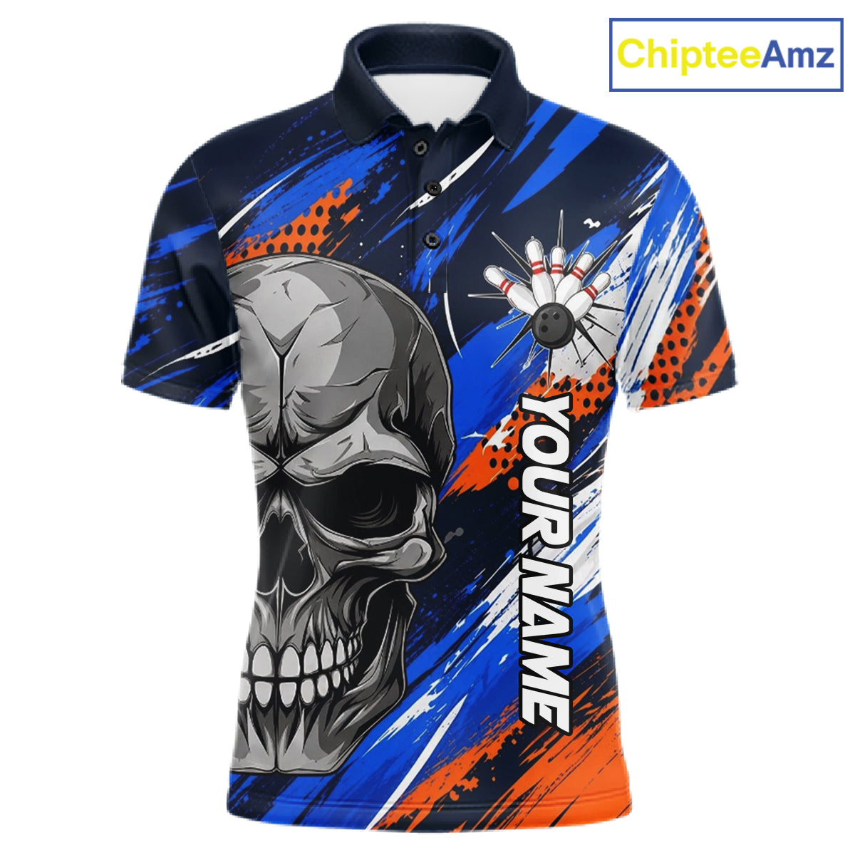 Blue And Orange Bowling Shirt Custom Skull Bowling Jersey Men Bowling Polo Quarter-Zip Shirt For Team NBT1173