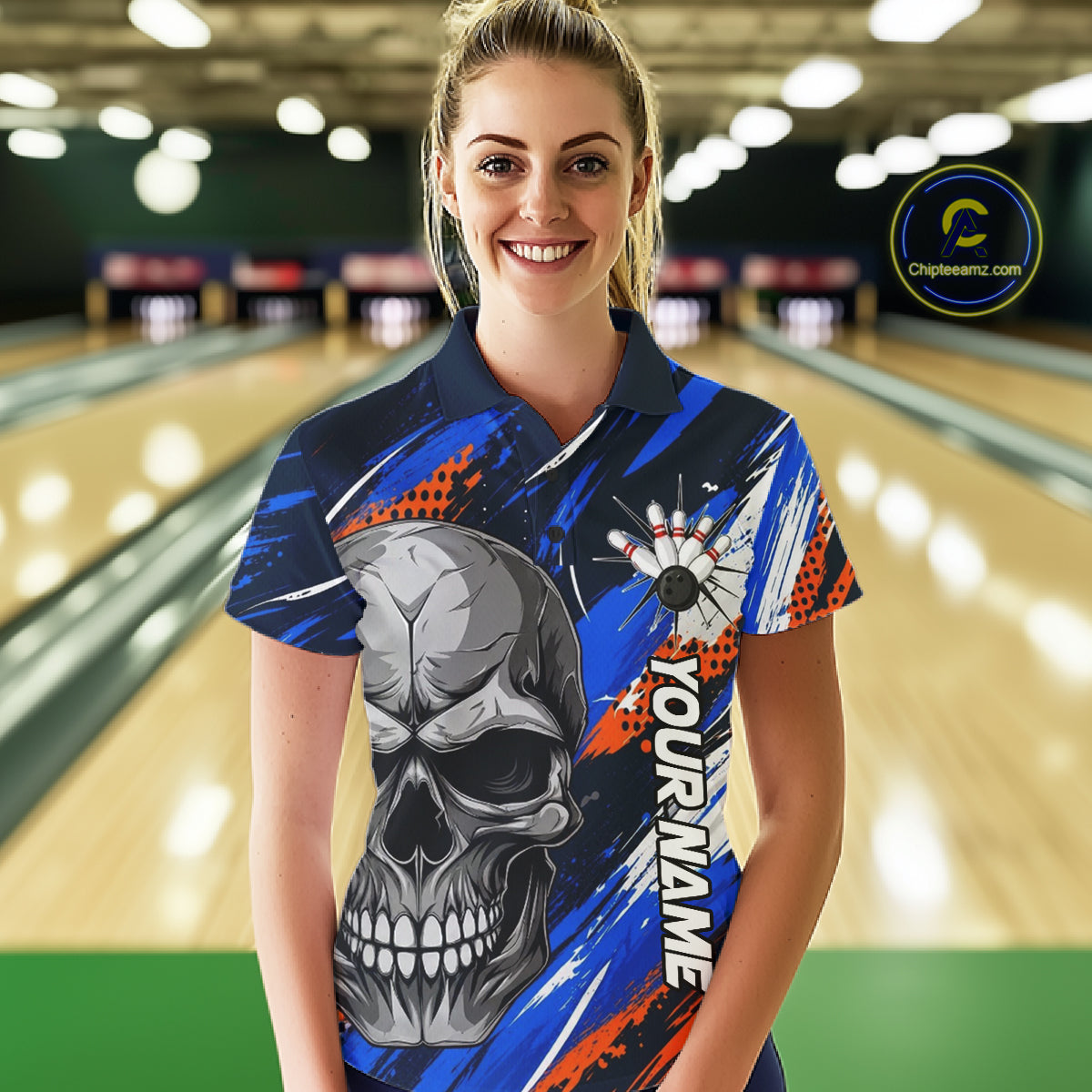 Blue And Orange Bowling Shirt Custom Skull Bowling Jersey Women Bowling Polo Quarter-Zip Shirt For Team NBT1173