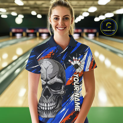 Blue And Orange Bowling Shirt Custom Skull Bowling Jersey Women Bowling Polo Quarter-Zip Shirt For Team NBT1173