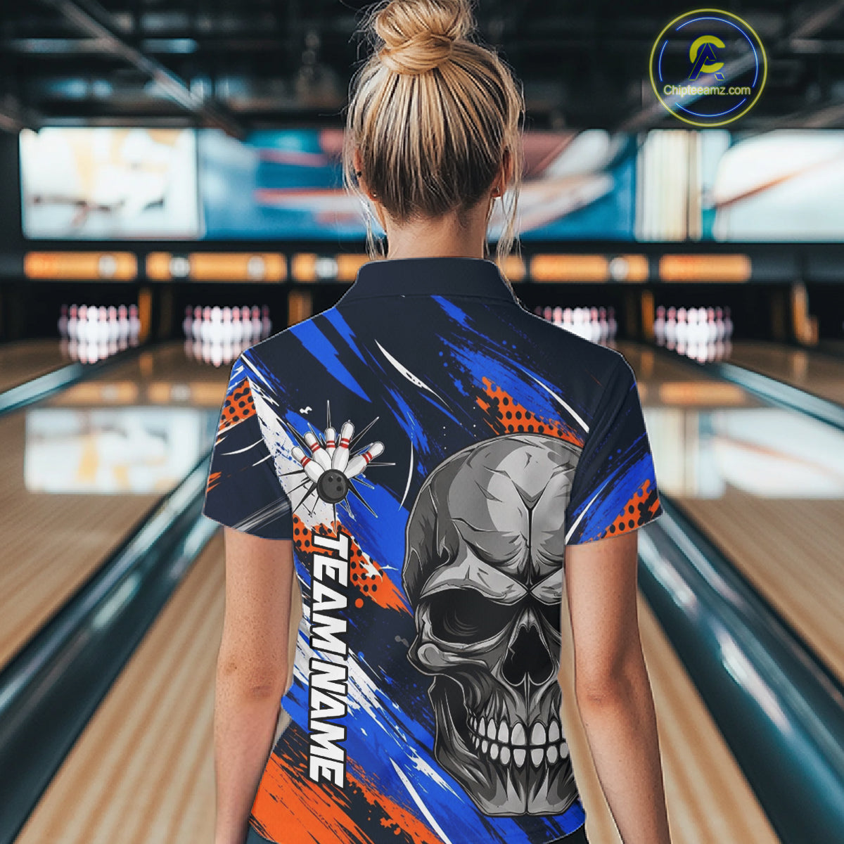 Blue And Orange Bowling Shirt Custom Skull Bowling Jersey Women Bowling Polo Quarter-Zip Shirt For Team NBT1173