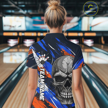 Blue And Orange Bowling Shirt Custom Skull Bowling Jersey Women Bowling Polo Quarter-Zip Shirt For Team NBT1173