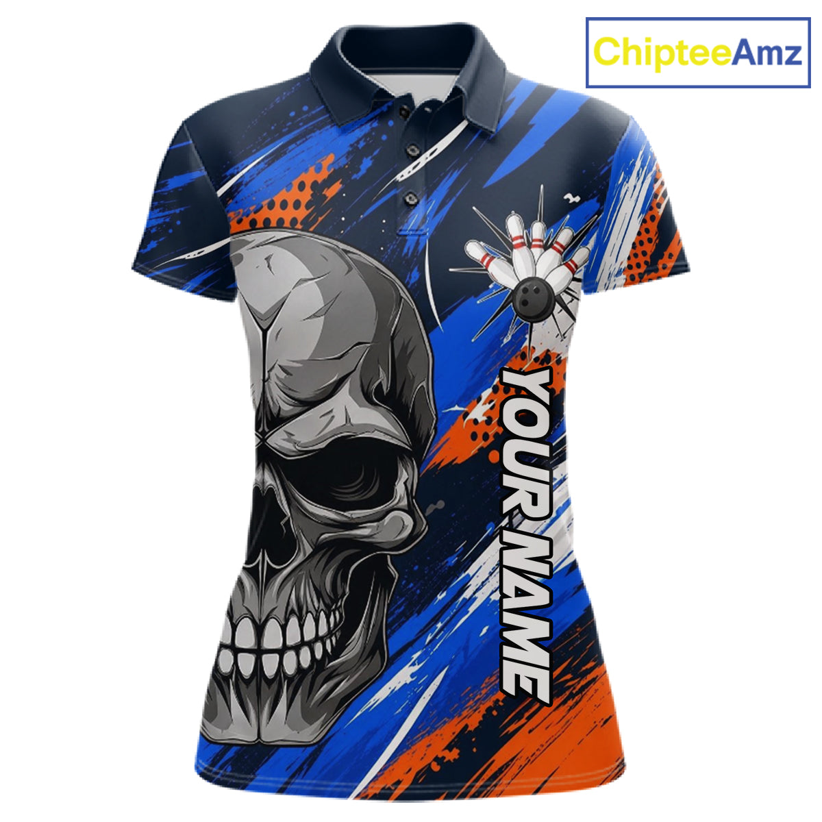 Blue And Orange Bowling Shirt Custom Skull Bowling Jersey Women Bowling Polo Quarter-Zip Shirt For Team NBT1173