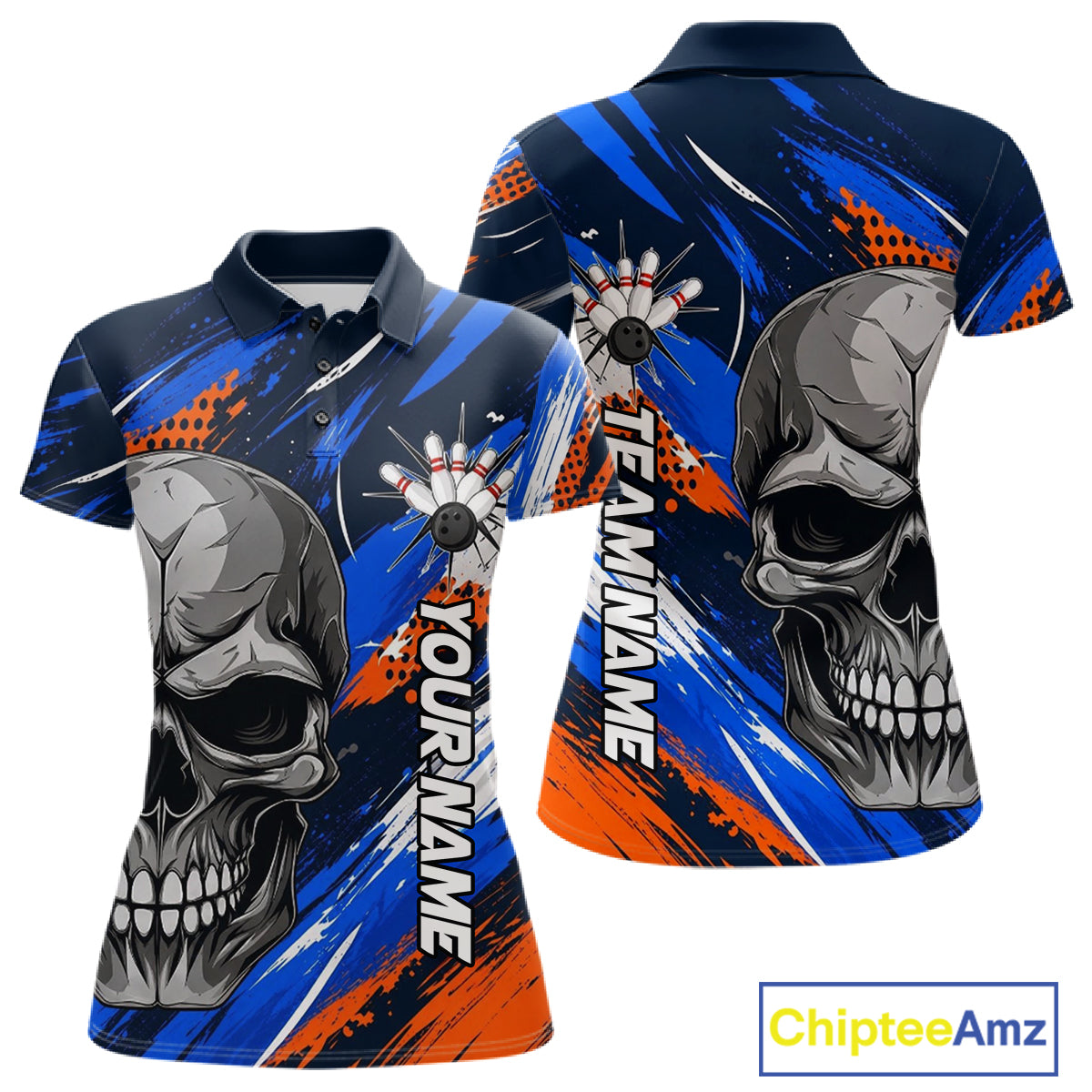 Blue And Orange Bowling Shirt Custom Skull Bowling Jersey Women Bowling Polo Quarter-Zip Shirt For Team NBT1173