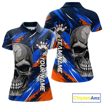 Blue And Orange Bowling Shirt Custom Skull Bowling Jersey Women Bowling Polo Quarter-Zip Shirt For Team NBT1173
