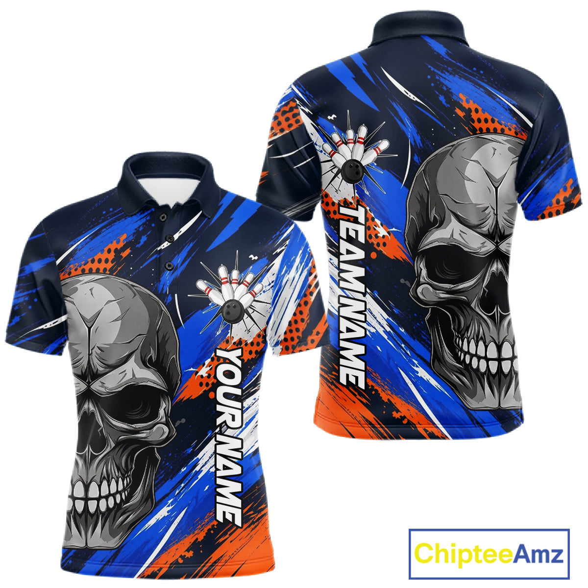 Blue And Orange Bowling Shirt Custom Skull Bowling Jersey Men Bowling Polo Quarter-Zip Shirt For Team NBT1173