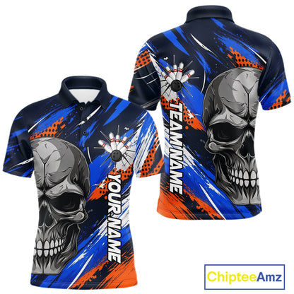Blue And Orange Bowling Shirt Custom Skull Bowling Jersey Men Bowling Polo Quarter-Zip Shirt For Team NBT1173