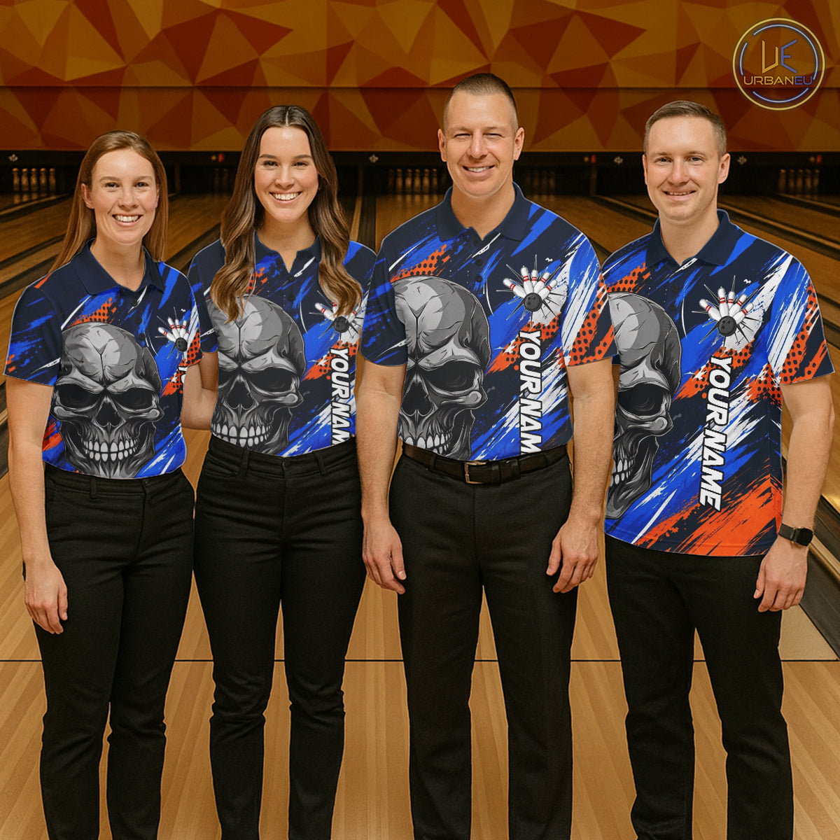 Blue And Orange Bowling Shirt Custom Skull Bowling Jersey Men Bowling Polo Quarter-Zip Shirt For Team NBT1173
