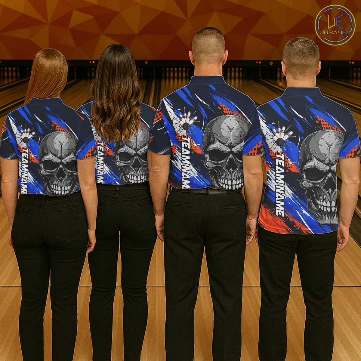 Blue And Orange Bowling Shirt Custom Skull Bowling Jersey Men Bowling Polo Quarter-Zip Shirt For Team NBT1173