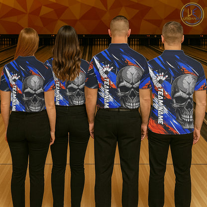 Blue And Orange Bowling Shirt Custom Skull Bowling Jersey Men Bowling Polo Quarter-Zip Shirt For Team NBT1173