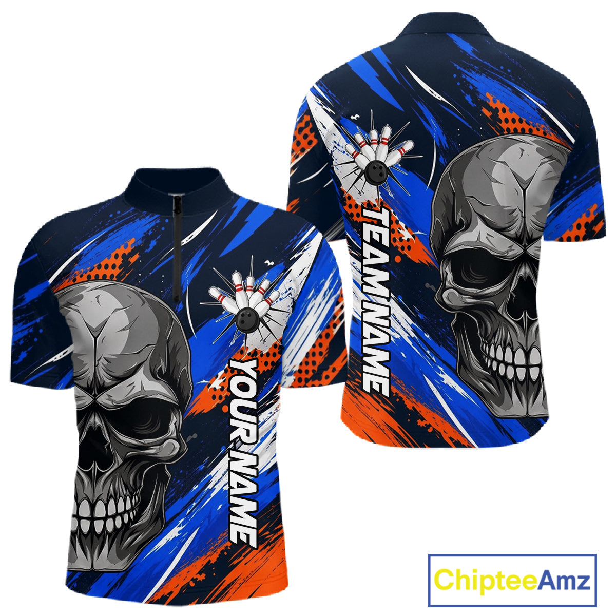 Blue And Orange Bowling Shirt Custom Skull Bowling Jersey Men Bowling Polo Quarter-Zip Shirt For Team NBT1173