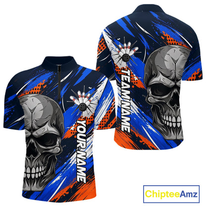 Blue And Orange Bowling Shirt Custom Skull Bowling Jersey Men Bowling Polo Quarter-Zip Shirt For Team NBT1173
