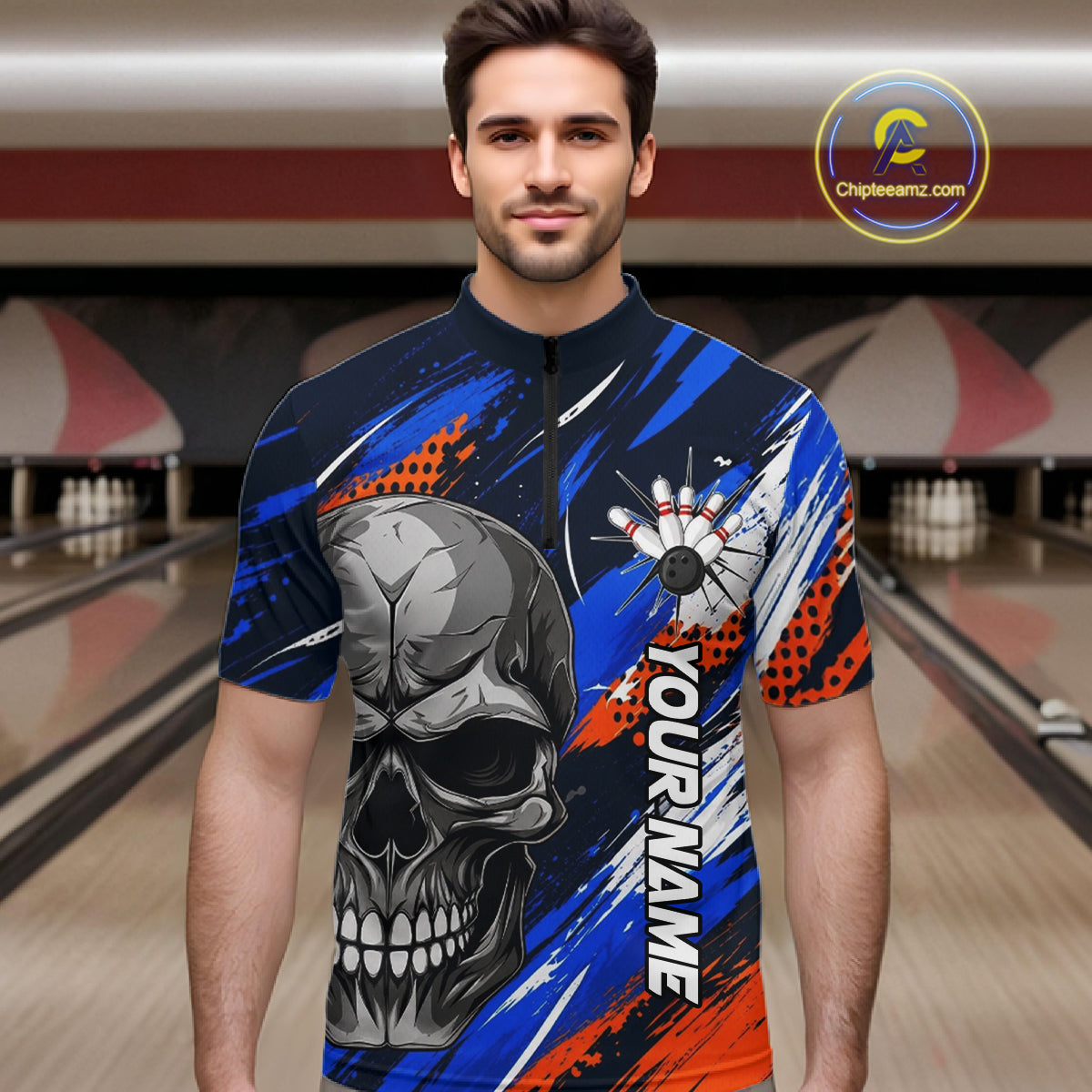 Blue And Orange Bowling Shirt Custom Skull Bowling Jersey Men Bowling Polo Quarter-Zip Shirt For Team NBT1173