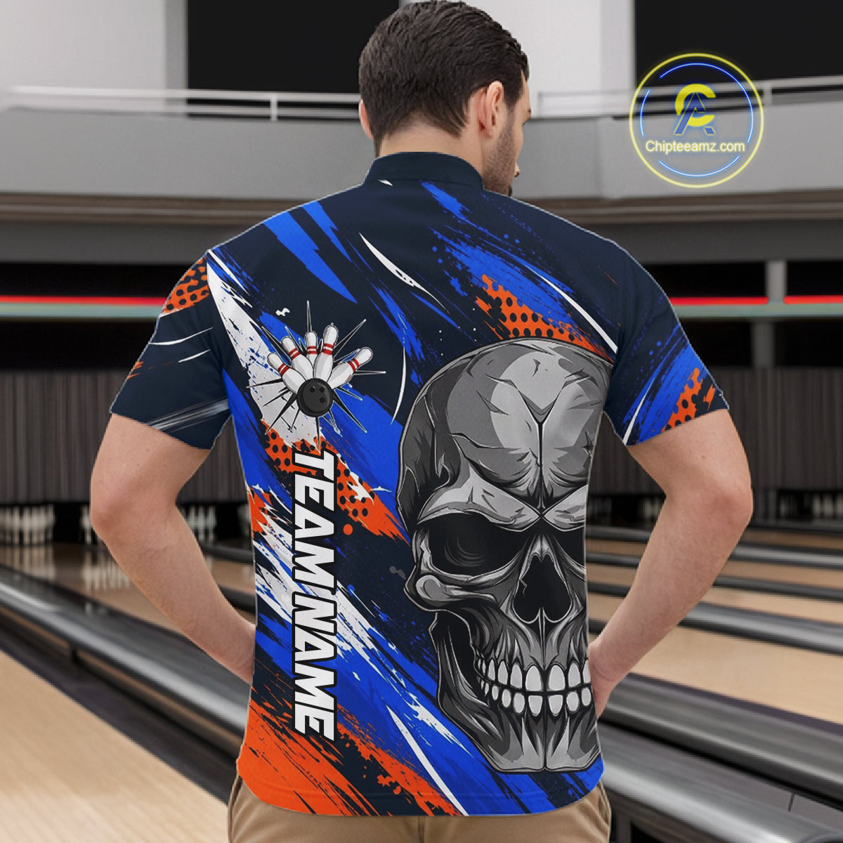 Blue And Orange Bowling Shirt Custom Skull Bowling Jersey Men Bowling Polo Quarter-Zip Shirt For Team NBT1173