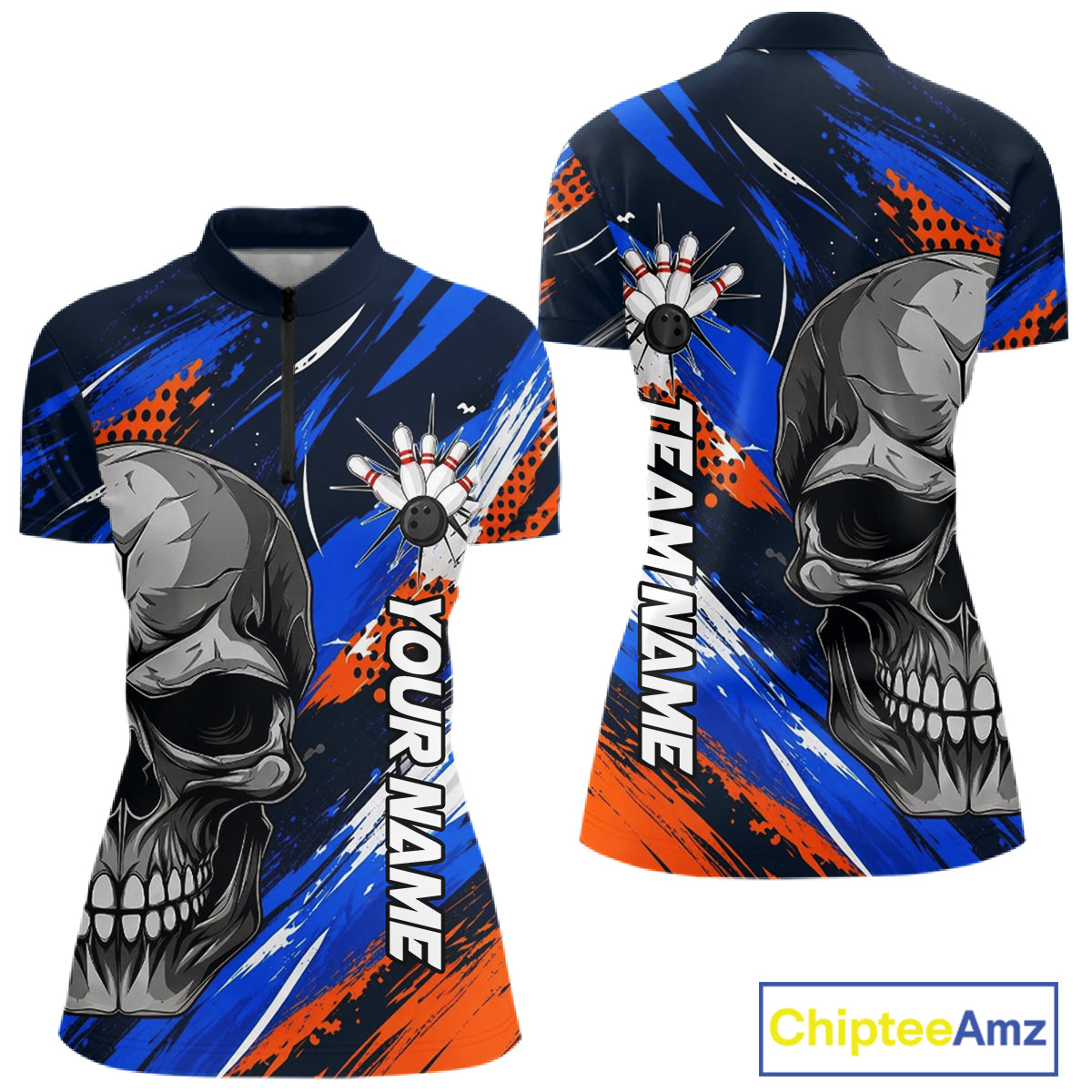 Blue And Orange Bowling Shirt Custom Skull Bowling Jersey Women Bowling Polo Quarter-Zip Shirt For Team NBT1173