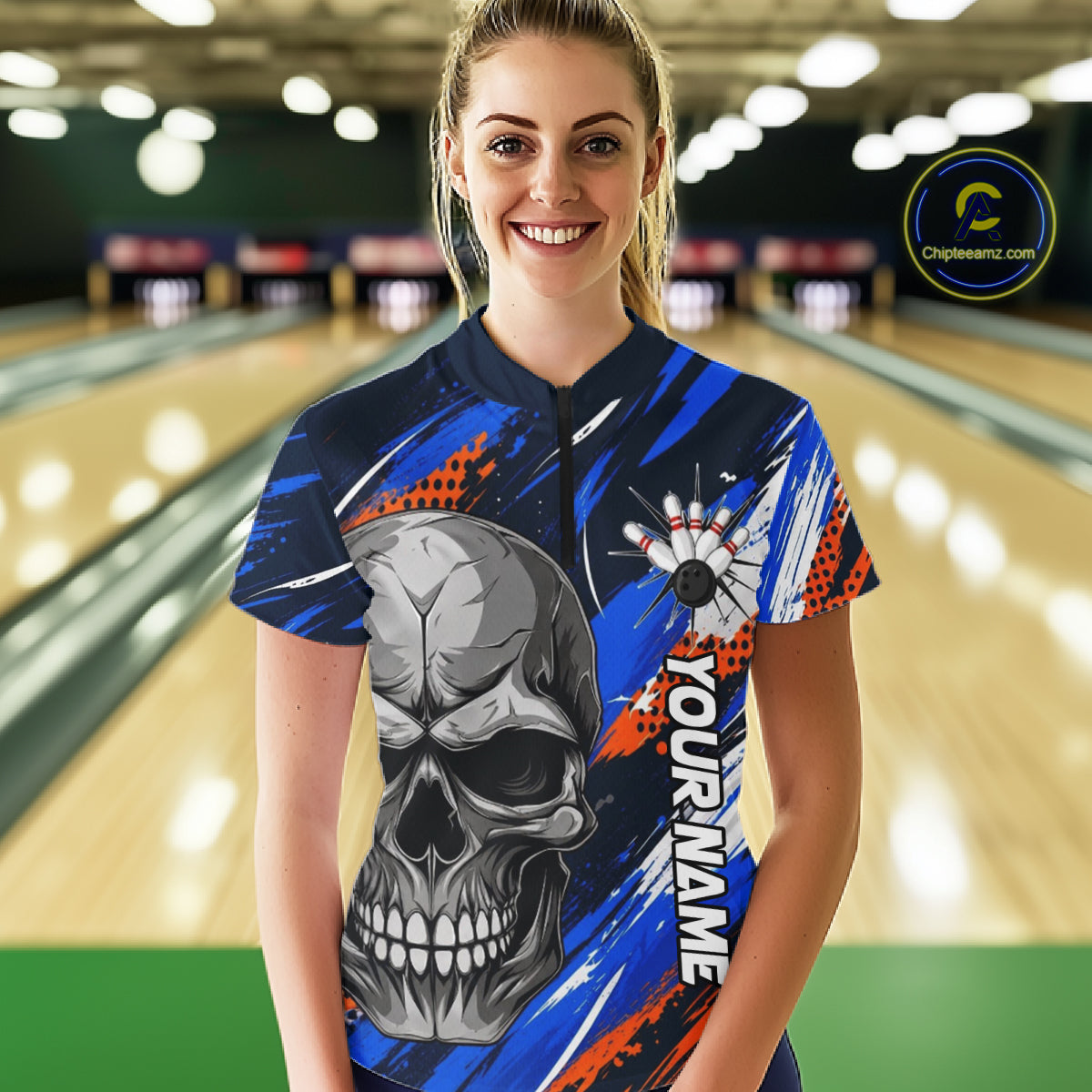 Blue And Orange Bowling Shirt Custom Skull Bowling Jersey Women Bowling Polo Quarter-Zip Shirt For Team NBT1173