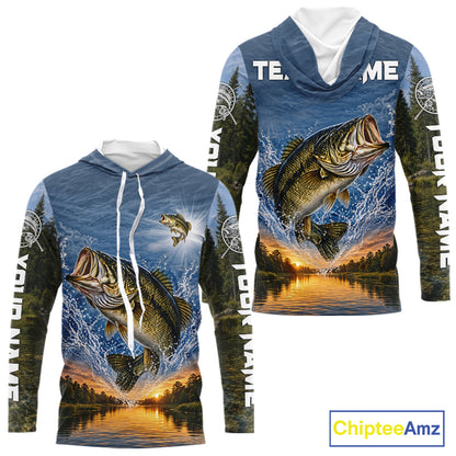 Personalized Bass Fishing Jerseys, Custom Camo Long Sleeve Hooded Bass Fishing Tournament Fishing Shirts NBT1174