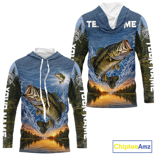 Personalized Bass Fishing Jerseys, Custom Camo Long Sleeve Hooded Bass Fishing Tournament Fishing Shirts NBT1174