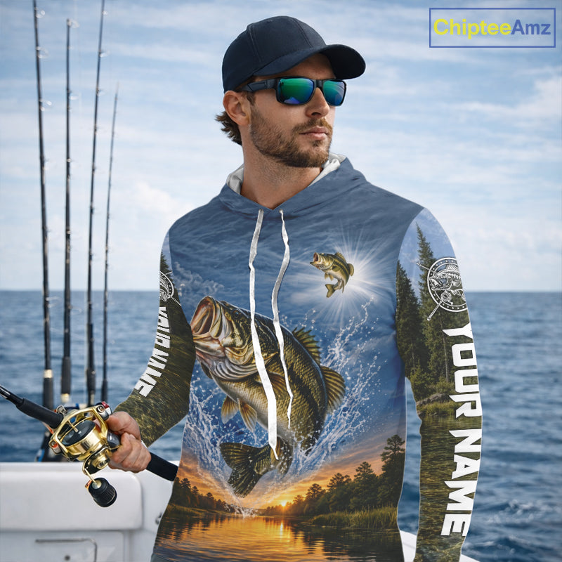 Personalized Bass Fishing Jerseys, Custom Camo Long Sleeve Hooded Bass Fishing Tournament Fishing Shirts NBT1174