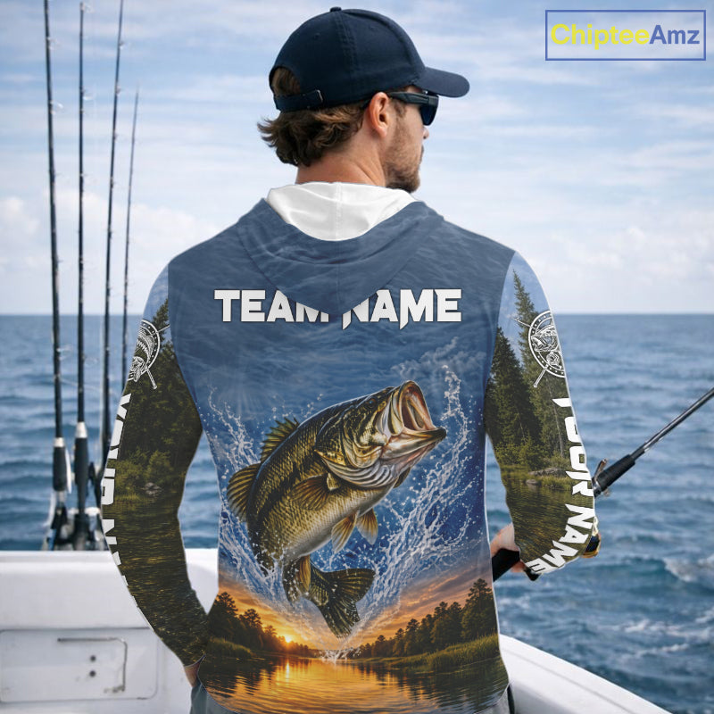 Personalized Bass Fishing Jerseys, Custom Camo Long Sleeve Hooded Bass Fishing Tournament Fishing Shirts NBT1174