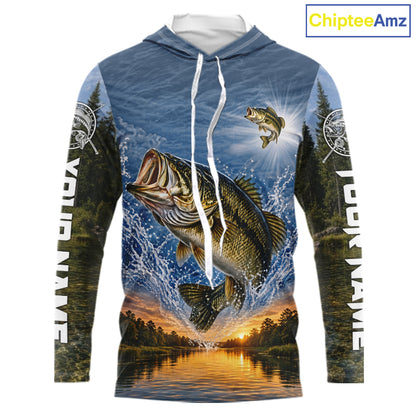 Personalized Bass Fishing Jerseys, Custom Camo Long Sleeve Hooded Bass Fishing Tournament Fishing Shirts NBT1174
