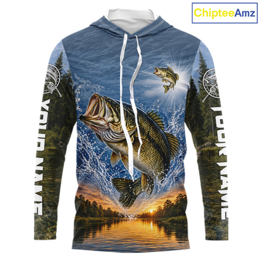 Personalized Bass Fishing Jerseys, Custom Camo Long Sleeve Hooded Bass Fishing Tournament Fishing Shirts NBT1174