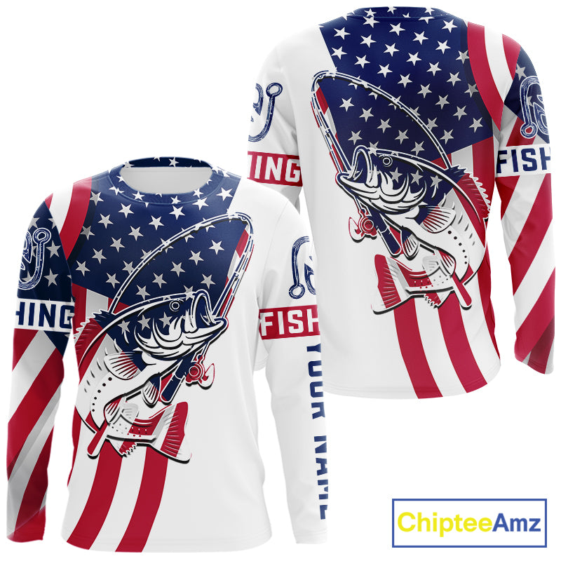 Bass Fishing American Flag Fishing Tournament Shirts, Personalized Bass Long Sleeve Fishing Jerseys NBT485