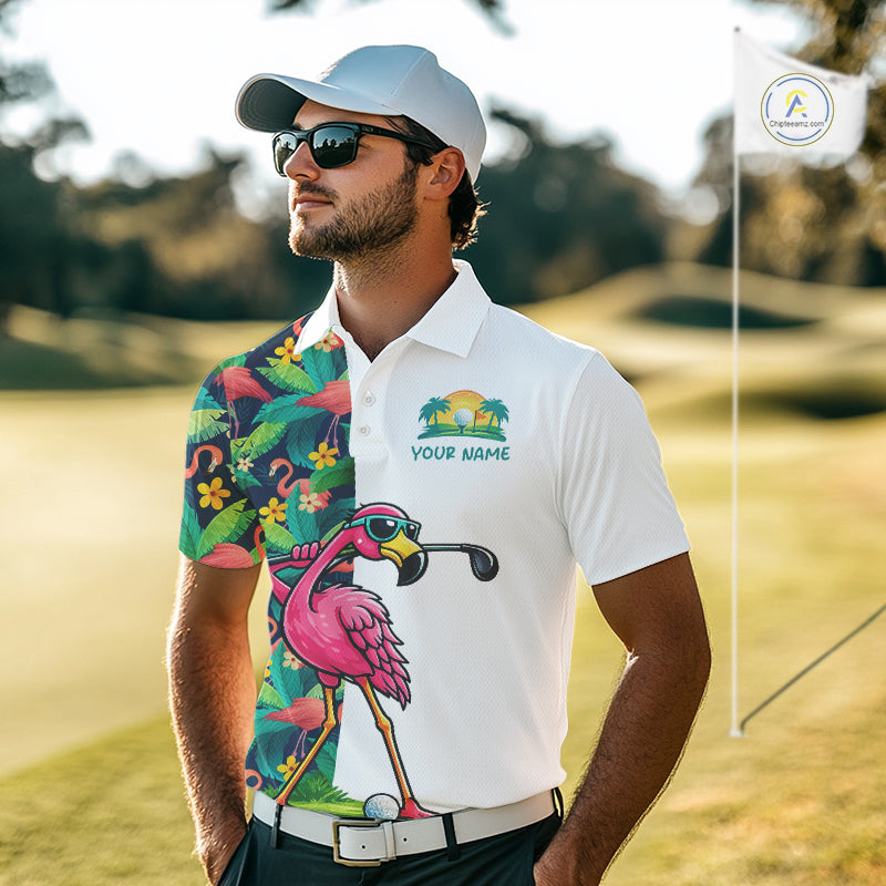 Funny Flamingo Mens Golf Polo Shirts Colorful Tropical Flamingo Custom Name, Golf Gifts  NBT487