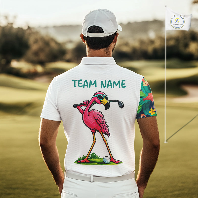 Funny Flamingo Mens Golf Polo Shirts Colorful Tropical Flamingo Custom Name, Golf Gifts  NBT487