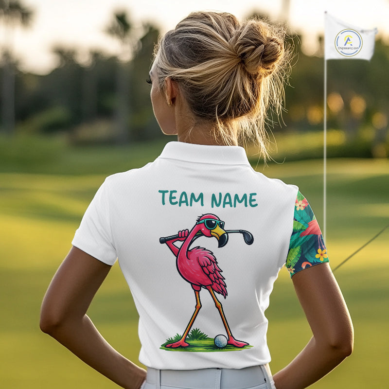 Funny Flamingo Womens Golf Polo Shirts Colorful Tropical Flamingo Custom Name, Golf Gifts  NBT487