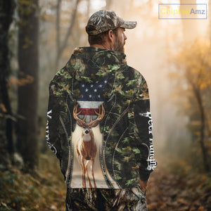 Patriotic Green Camo Deer Hunting Shirt – American Flag Whitetail Buck, Custom Name for Men NBT34