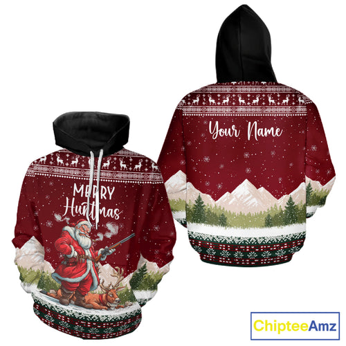 Funny Ugly Pattern Santa Deer Hunting Customized Name All Over Print Shirts for Hunter NBT283