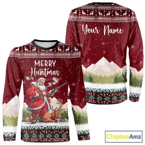Funny Ugly Pattern Santa Deer Hunting Customized Name All Over Print Shirts for Hunter NBT283