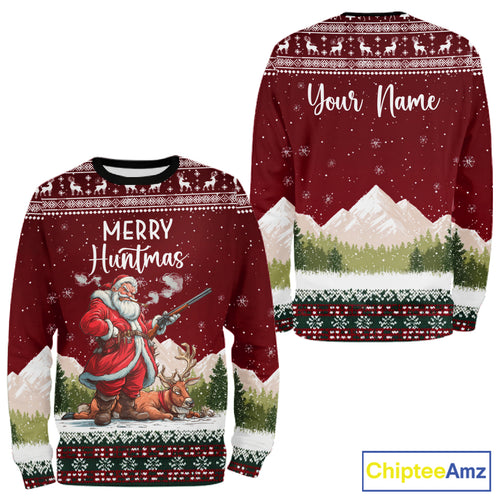 Funny Ugly Pattern Santa Deer Hunting Customized Name All Over Print Shirts for Hunter NBT283