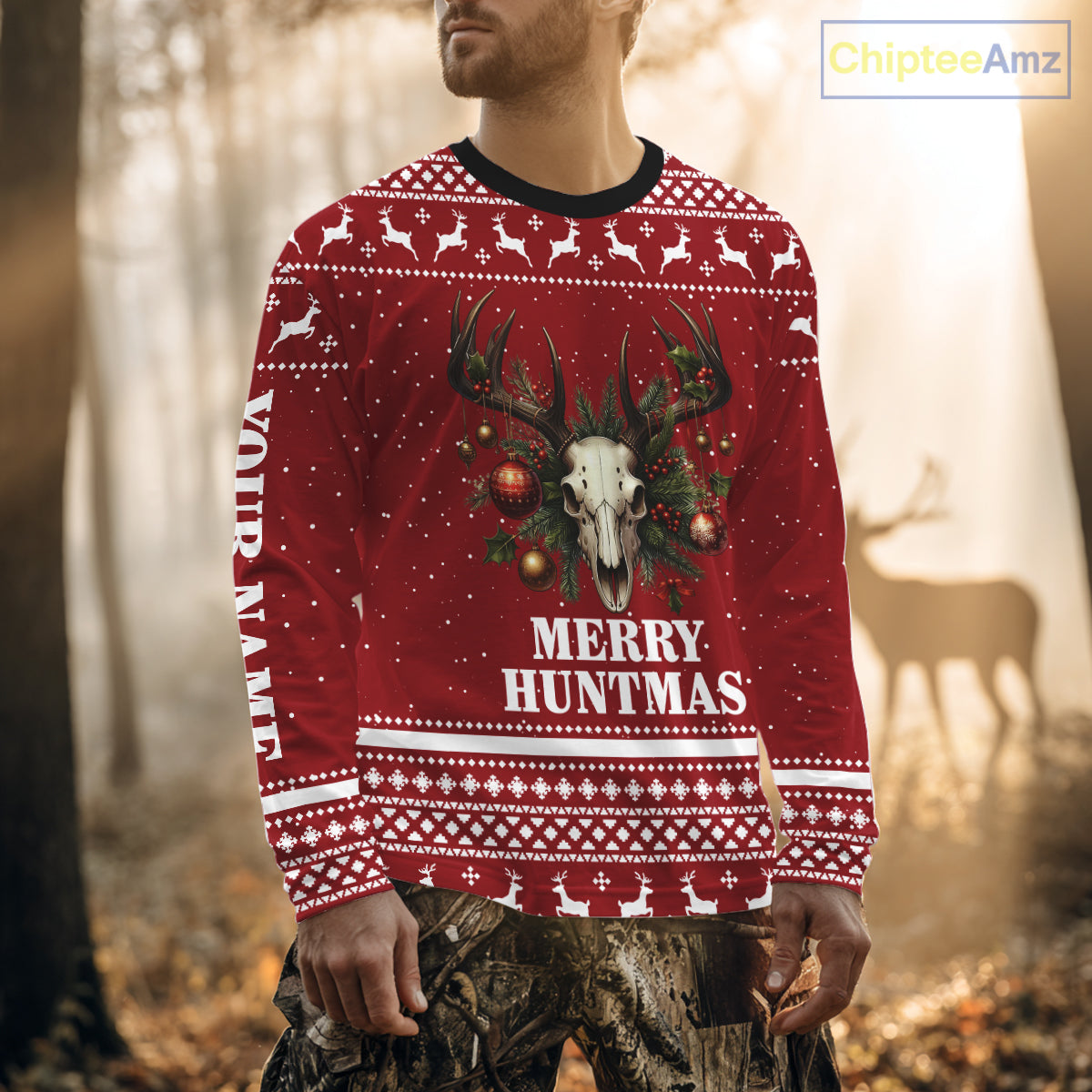 Personalized Ugly Christmas Deer Hunting Shirt Full Print Christmas Pattern, Christmas Gifts NBT284