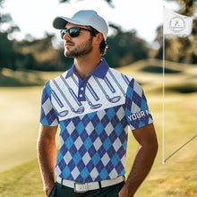 Load image into Gallery viewer, Blue Argyle Golf Polo Shirt For Men Plaid Pattern Custom Name, Golfer Gifts NBT488
