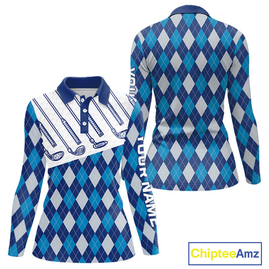 Blue Argyle Golf Polo Shirt For Women Plaid Pattern Custom Name, Golfer Gifts for Ladies NBT488