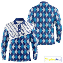 Load image into Gallery viewer, Blue Argyle Golf Polo Shirt For Men Plaid Pattern Custom Name, Golfer Gifts NBT488