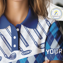 Load image into Gallery viewer, Blue Argyle Golf Polo Shirt For Women Plaid Pattern Custom Name, Golfer Gifts for Ladies NBT488