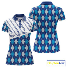 Load image into Gallery viewer, Blue Argyle Golf Polo Shirt For Women Plaid Pattern Custom Name, Golfer Gifts for Ladies NBT488